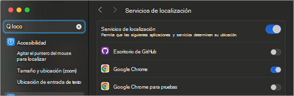 Imagen que muestra la ventana Seguridad y privacidad con habilitar servicios de ubicación resaltada.