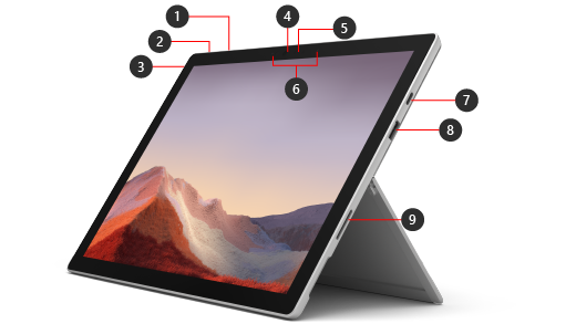 La parte frontal de un dispositivo Surface Pro 7+ con números que indican las características de hardware.