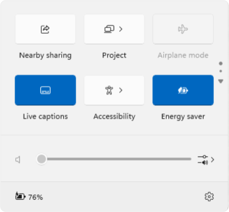 Recorte de pantalla de la configuración rápida que muestra subtítulos en directo y elementos de desplazamiento.