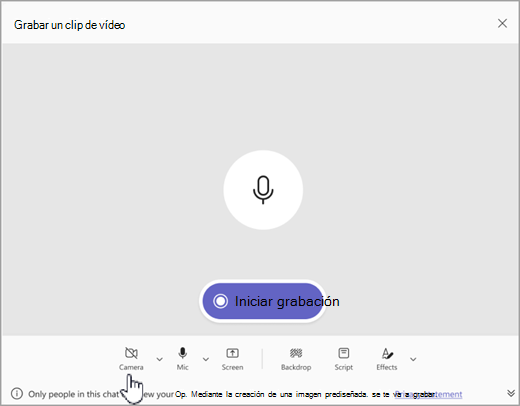 Captura de pantalla de la opción para grabar un clip de vídeo que solo es de audio en Microsoft Teams.