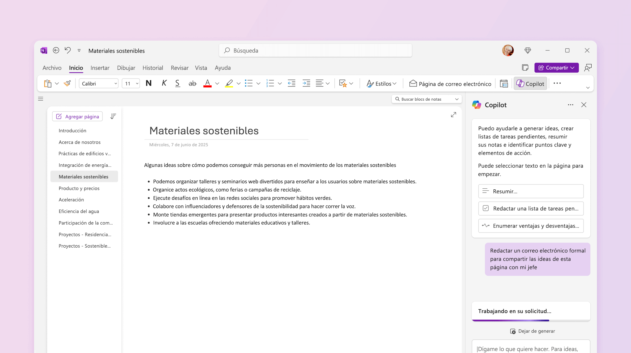 Captura de pantalla que muestra Copilot en OneNote haciendo un borrador de un plan.