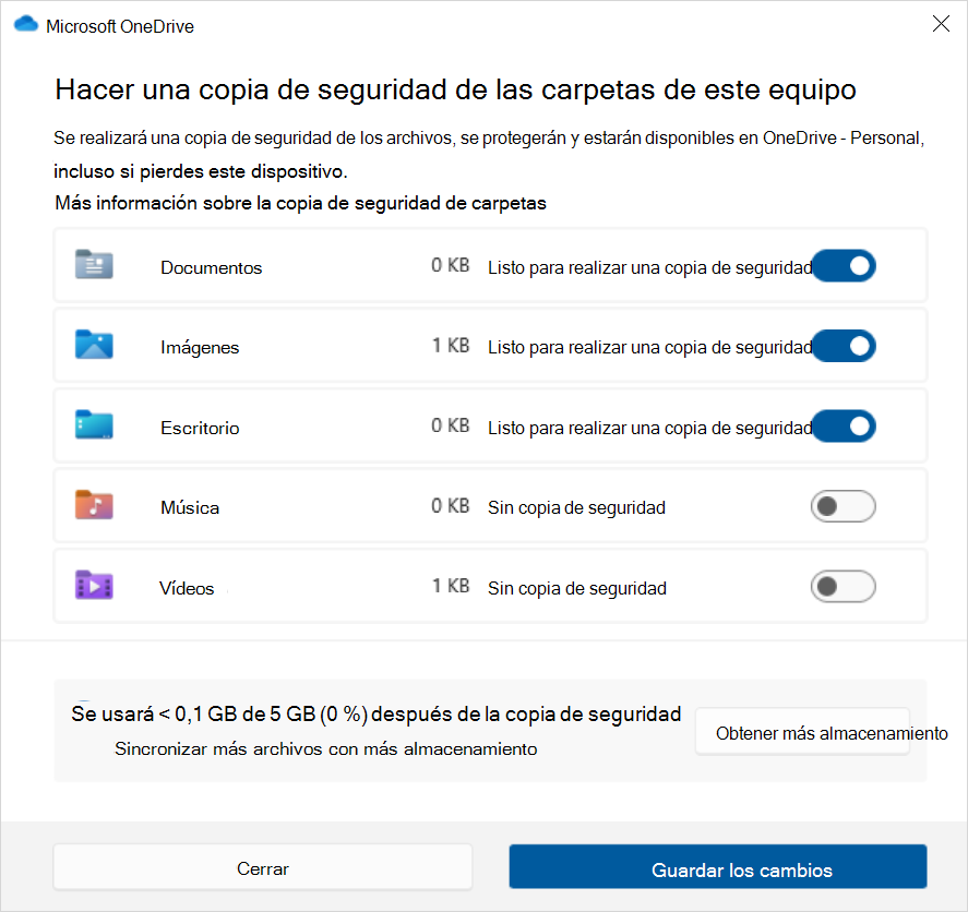 Captura de pantalla de la copia de seguridad de OneDrive en Windows 10.