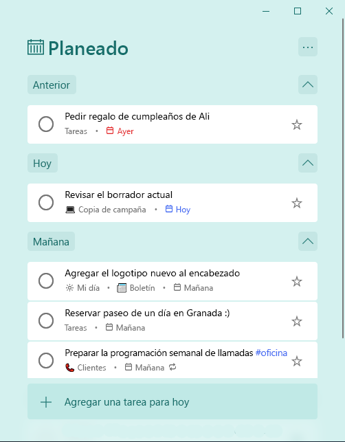 Lista inteligente planeada con tareas organizadas anteriormente, hoy y mañana