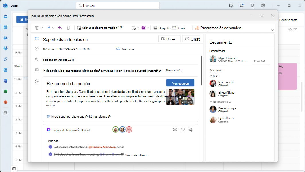 Captura de pantalla que muestra un resumen de la reunión de Teams en Outlook.