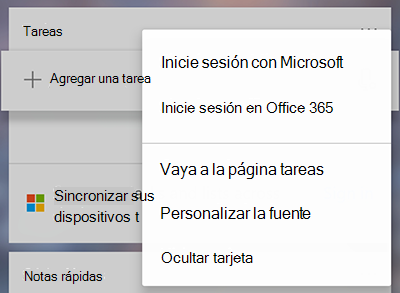 Captura de pantalla que muestra la opción para iniciar sesión con Microsoft u Office 365 en el menú más de la tarjeta más tareas