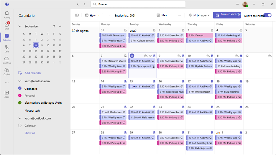 Captura de pantalla que muestra la vista combinada en el nuevo calendario de Teams.
