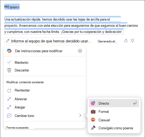 Elegir entre conservar, descartar, regenerar o cambiar las opciones de tono y longitud