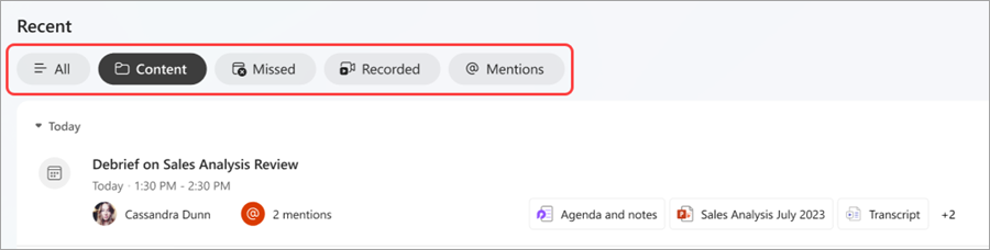 Captura de pantalla de diferentes pestañas en la sección Recientes de Reunirse en Teams