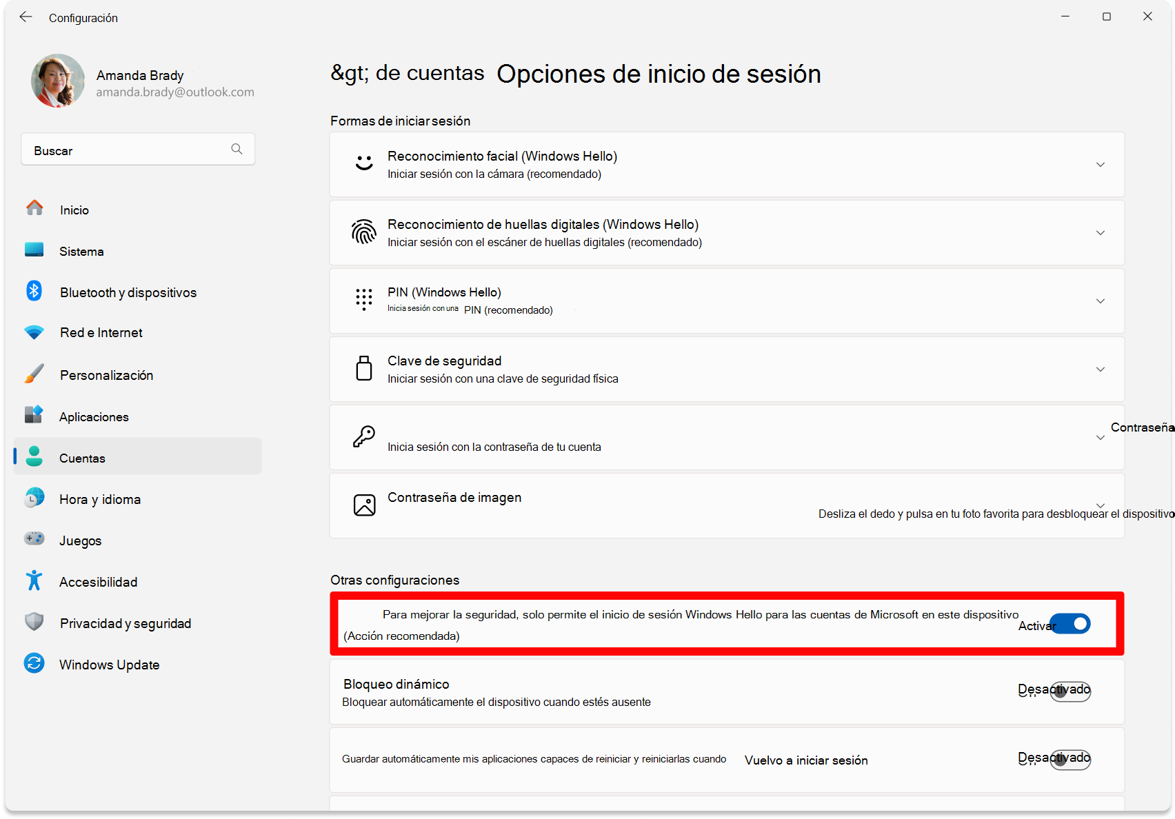 Captura de pantalla de Configuración: cambia para configurar sin contraseña activado.