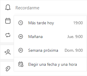 Recordarme seleccionado con la opción de elegir más tarde en el día, mañana, la semana siguiente o elegir una fecha y hora.