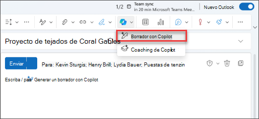 Opción de menú desplegable "Borrador con Copilot" en nuevo Outlook