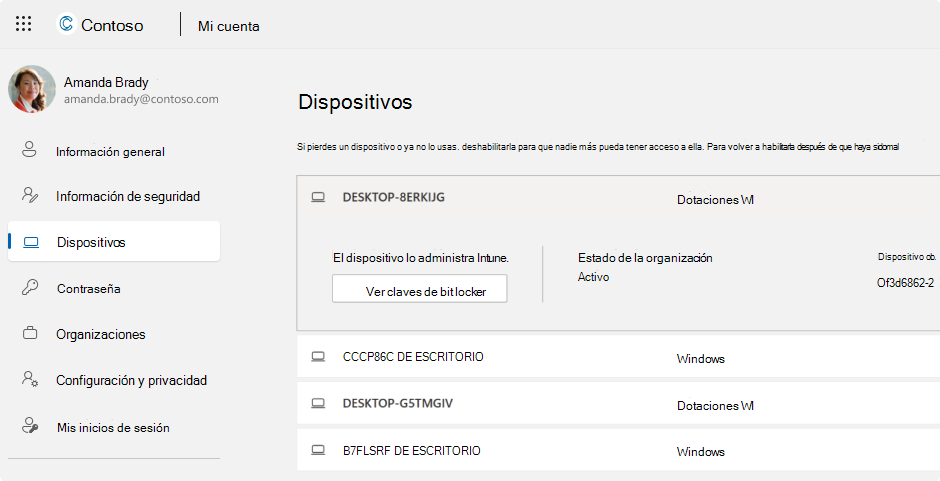 Captura de pantalla de las claves de recuperación de BitLocker de una cuenta profesional o educativa.