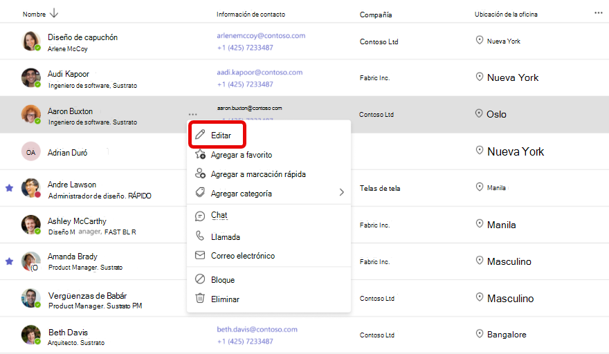 Captura de pantalla del flujo de trabajo para editar la información de contacto en la aplicación Contactos de Teams