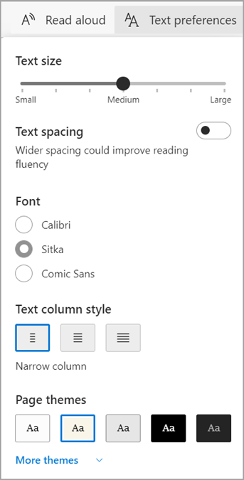 Preferencias de texto en Lector inmersivo de Microsoft Edge.