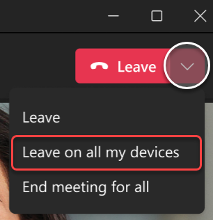 Captura de pantalla del menú desplegable Abandonar reunión en Teams para escritorio.