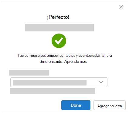 Captura de pantalla que muestra la ventana de éxito al agregar una cuenta de Google