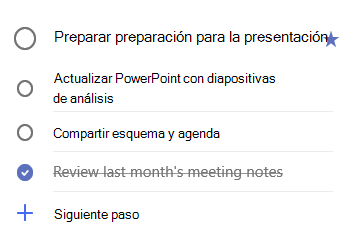 Vista de detalle de la preparación de tareas para la presentación con tres pasos: Actualizar PowerPoint con diapositivas de análisis, Compartir esquema y agenda y Revisar las notas de la reunión del mes pasado, que se ha completado