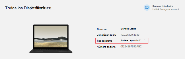 Consulta la información del modelo de tu dispositivo Surface en tu cuenta de Microsoft.