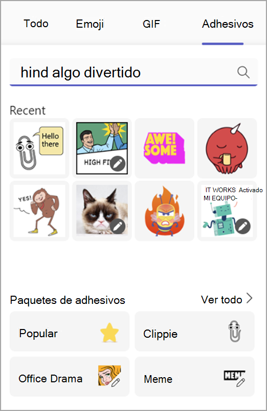 Captura de pantalla que muestra memes y adhesivos en el selector de diversión