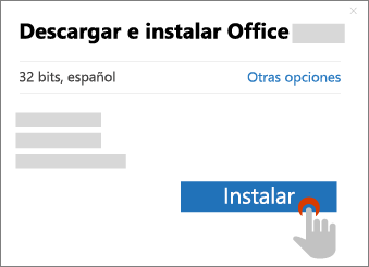 Muestra el botón Instalar en el cuadro de diálogo de descarga de Office