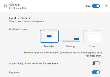 Captura de pantalla de la configuración de avisos de eventos del calendario