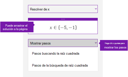 El botón Mostrar pasos del panel de tareas de Matemáticas