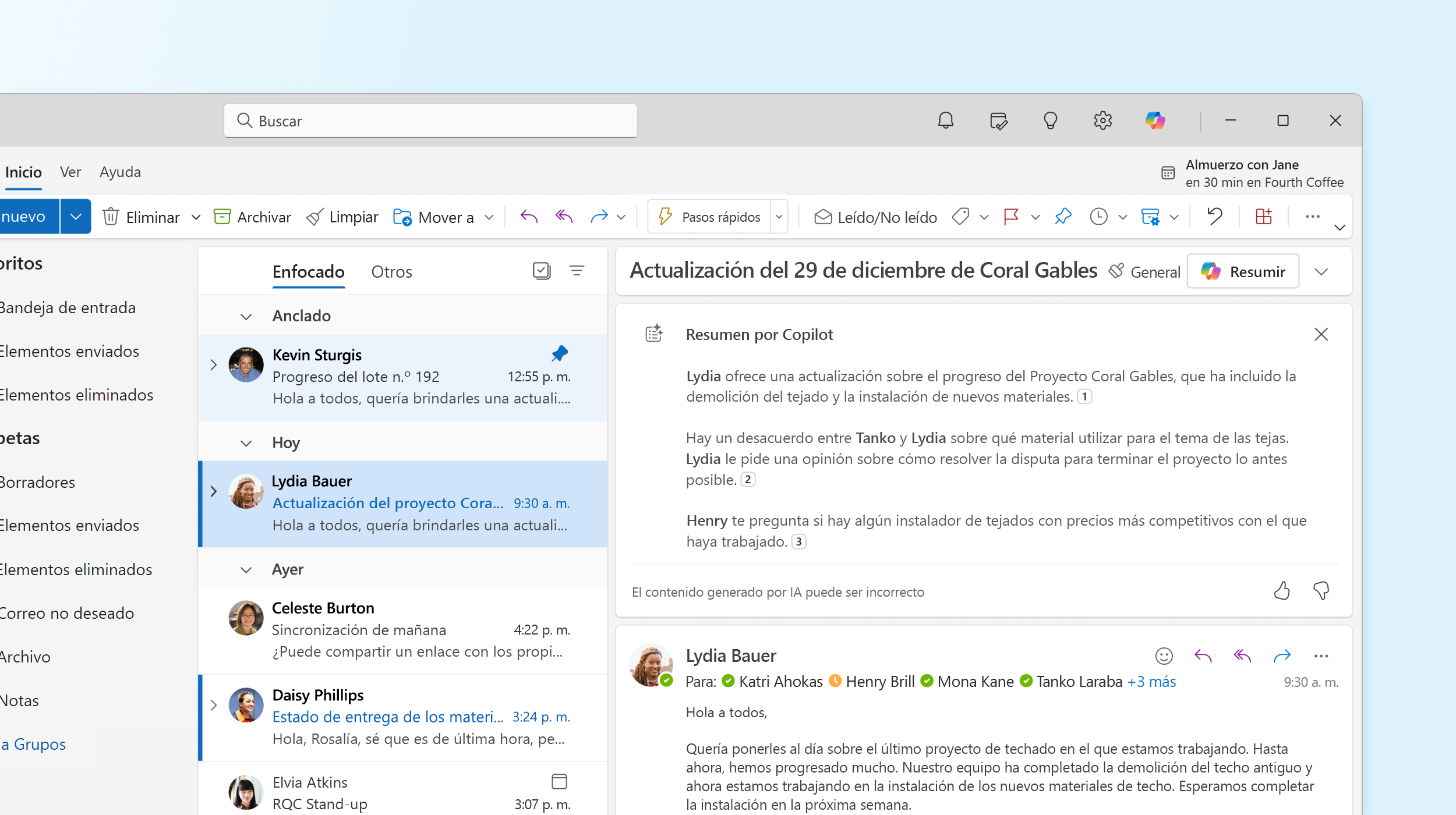Captura de pantalla que muestra resumen de Copilot en Outlook