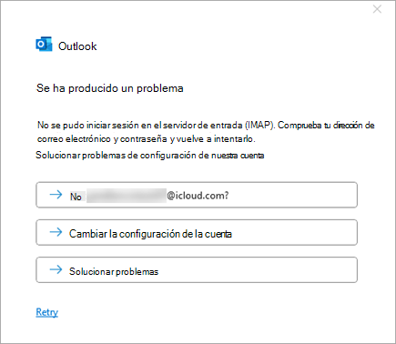Captura de pantalla del mensaje de error Algo salió mal al agregar una cuenta de iCloud