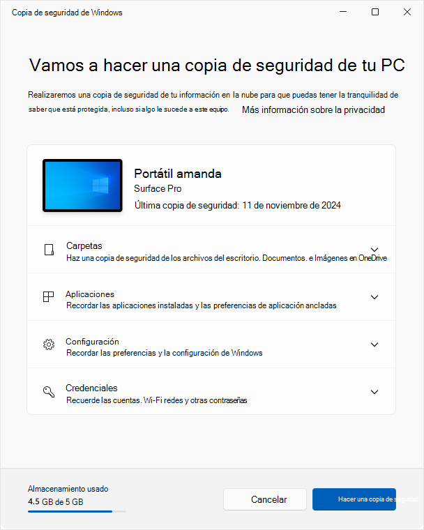 Captura de pantalla de Copias de seguridad de Windows en Windows 10.