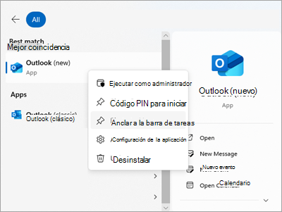 Captura de pantalla que muestra Outlook en Inicio con Anclar a la barra de tareas