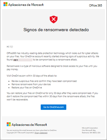 Captura de pantalla del correo electrónico de detección de ransomware de Microsoft