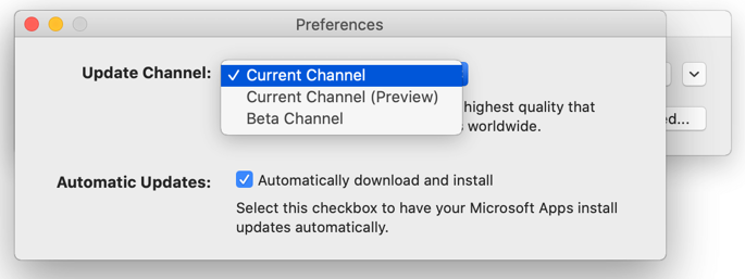 Imagen de Microsoft AutoUpdate para Mac -> Ventana de Preferencias que muestra las opciones de canal de actualización.