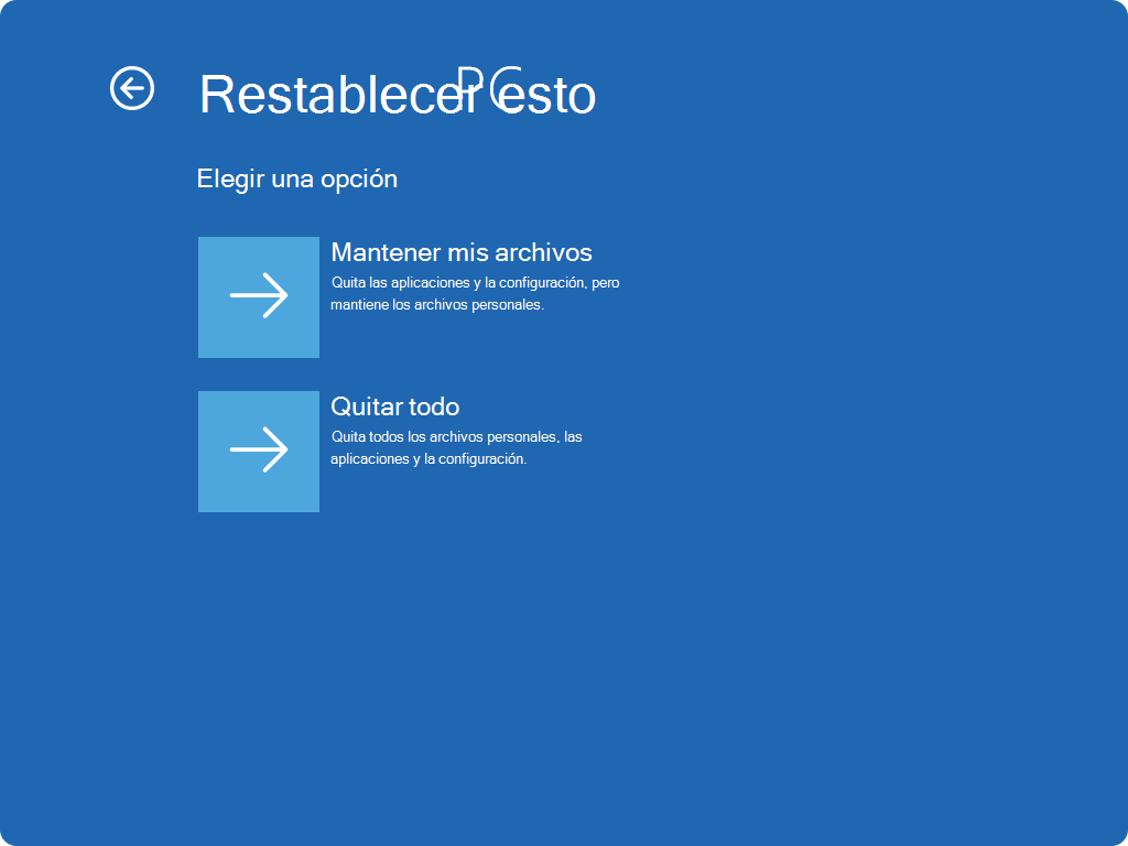 Captura de pantalla de la pantalla de restablecimiento en WinRE.