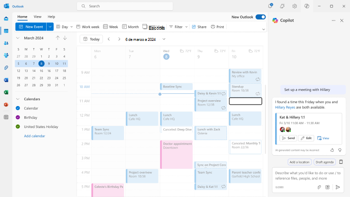 Captura de pantalla de cómo reservar reuniones individuales con programación asistida por chat en Outlook.