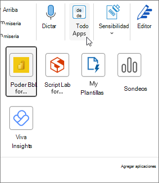 Menú flotante Todas las aplicaciones en Outlook para Windows.