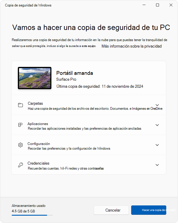 Captura de pantalla de la aplicación Copias de seguridad de Windows en Windows 11.