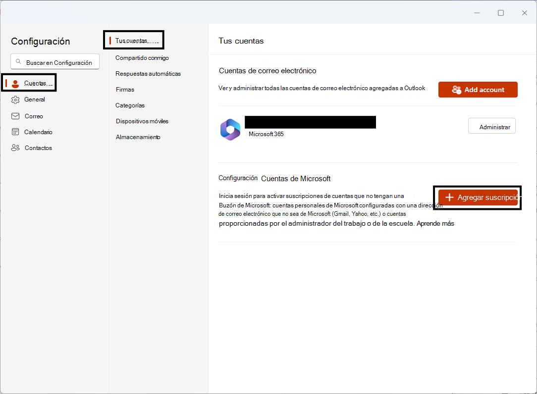 Agregar cuentas de Microsoft adicionales en la página Cuentas > Configuración de sus cuentas