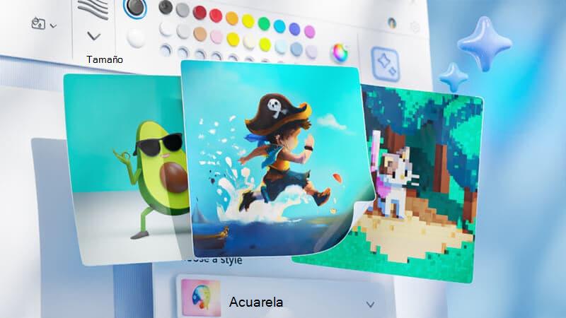 Imagen creativa que muestra 3 ejemplos de lo que puedes crear con Paint Cocreator. Las imágenes consisten en un pirata de dibujos animados que corre en el agua, la mitad de un aguacate bailando con gafas de sol y un gato de Minecraft en un bosque.