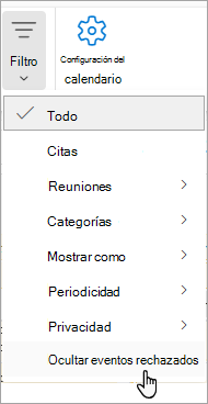 Captura de pantalla de Filtro en Calendario que muestra Ocultar eventos rechazados en la lista desplegable