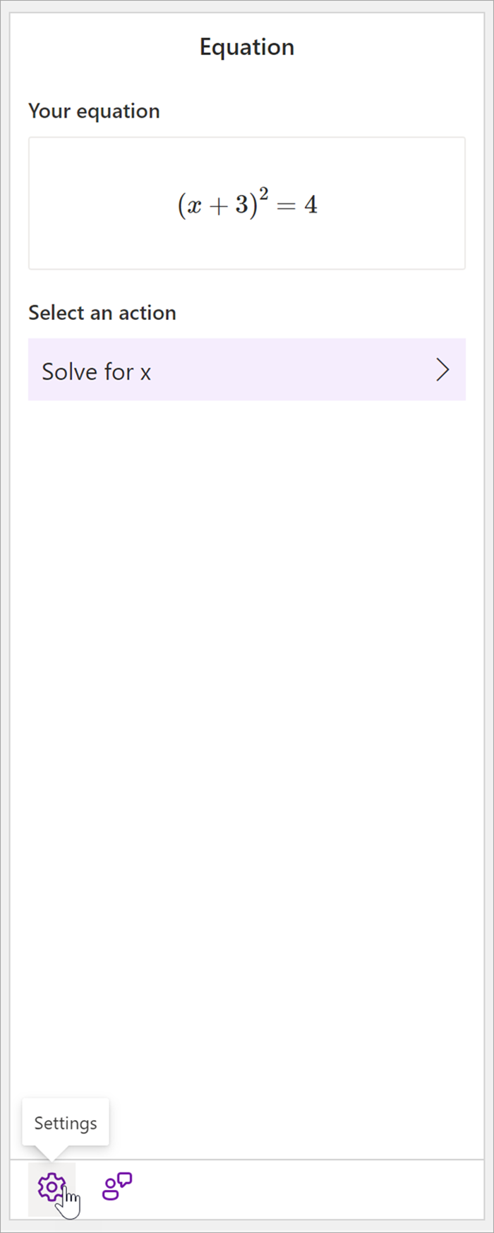 captura de pantalla del panel matemáticas del escritorio de OneNote con la ecuación (x+3)^2=4. En la sección Seleccionar una acción, la única acción disponible es Resolver antes de x.