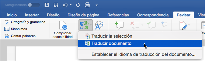Pestaña Revisar con la opción Traducir documento resaltada