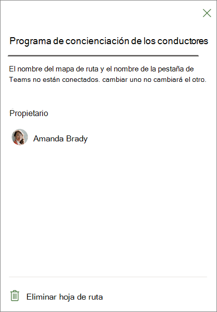Captura de pantalla que muestra la configuración de la pestaña Hoja de ruta, resaltando Eliminar hoja de ruta en la parte inferior