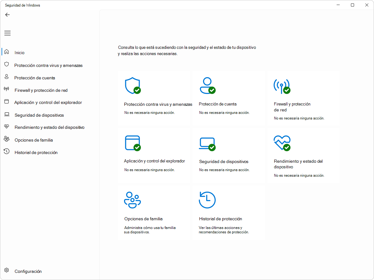 Captura de pantalla de Seguridad de Windows : panel Inicio.
