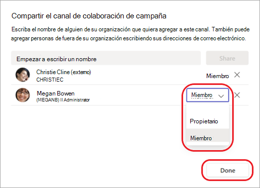 Captura de pantalla que muestra cómo cambiar un miembro del canal a propietario de un canal