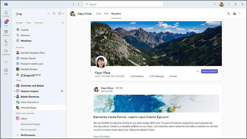 Página de perfil con banner de montaña, foto de la persona, nombre, título, recuentos de seguidos y una publicación con un vínculo para obtener más información.