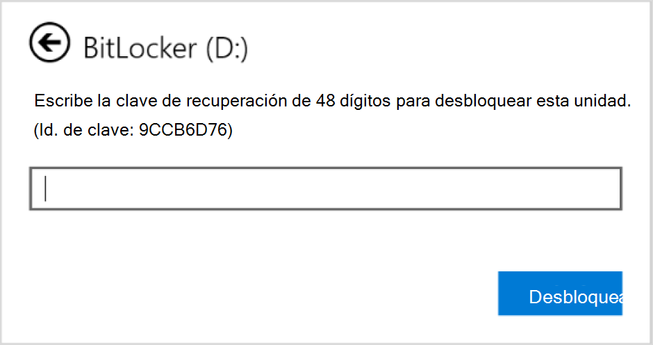 Captura de pantalla del cuadro de diálogo para especificar la recuperación de BitLocker para una unidad de datos.