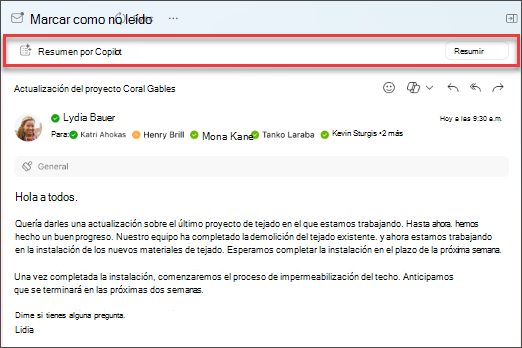 Seleccione resumir para Copilot para crear un resumen de un hilo de correo electrónico.