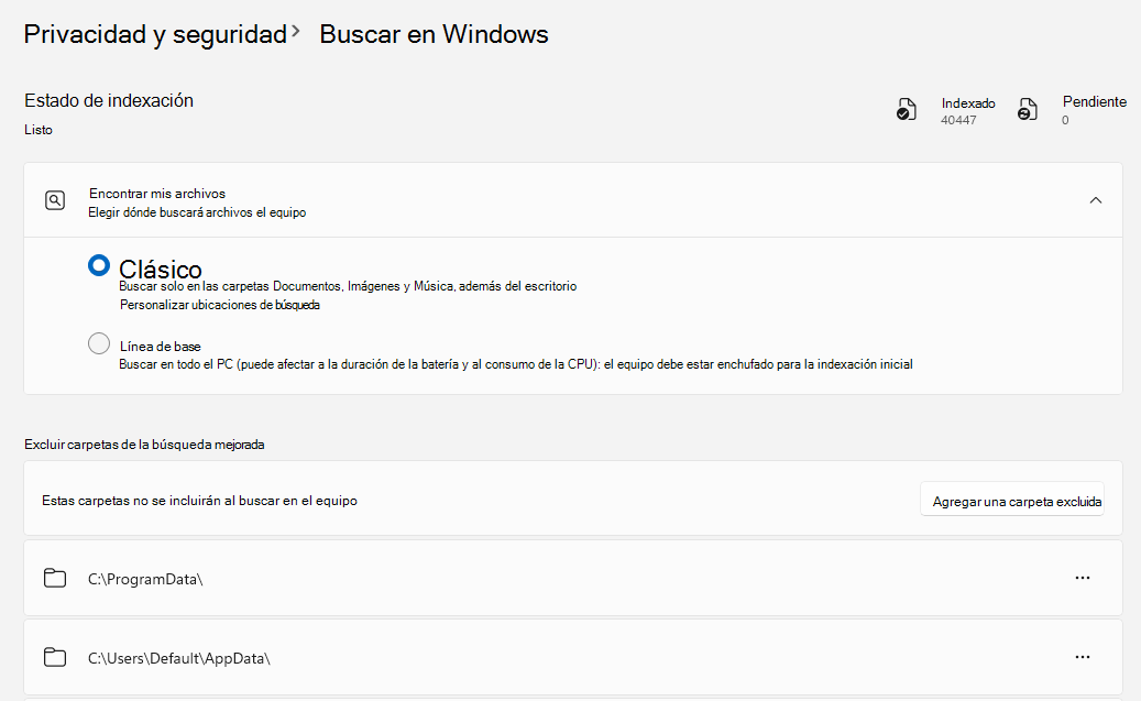 Captura de pantalla de la configuración de Windows Search