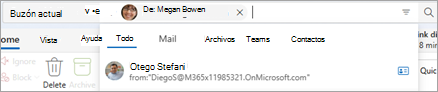 Escriba texto en la barra de búsqueda para mostrar sugerencias de ámbito de búsqueda, como Todos, Correo, Archivos, Teams y Personas.