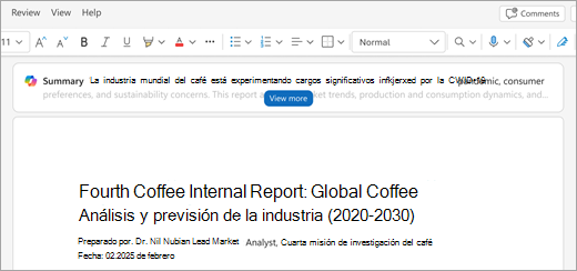 Muestra un Word para el documento web abierto, con un resumen contraído en la parte superior, encima del texto del documento.